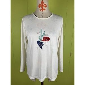 Cabin Creek Women’s White Mexico Long Sleeve Top Shirt Petite M Embroidered USA